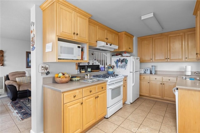 3277 Ocean Blvd, Cayucos, CA 93430 - kitchen featuring white appliances, range hood, light tile patterned floors, light countertops, and light brown cabinetry