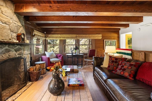 433 Milburn Rd, Lake Arrowhead, CA 92352 - living room featuring wood-type flooring, a fireplace, a wood ceiling with exposed beams, and wooden walls