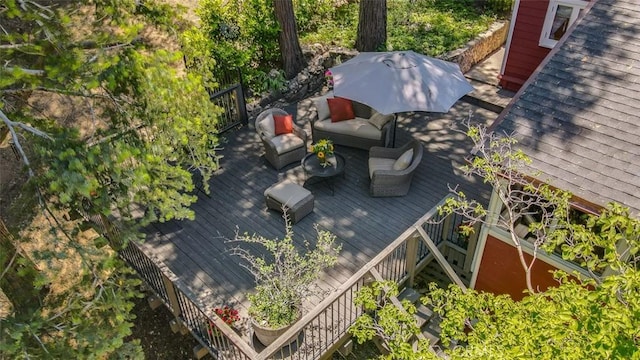 433 Milburn Rd, Lake Arrowhead, CA 92352 - wooden terrace featuring an outdoor hangout area and stairway