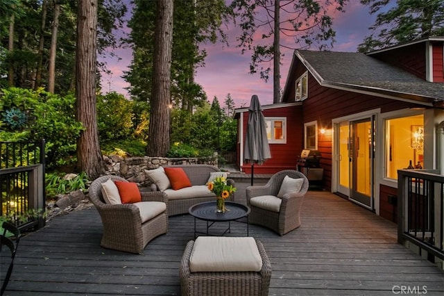 433 Milburn Rd, Lake Arrowhead, CA 92352 - deck at dusk with outdoor lounge area