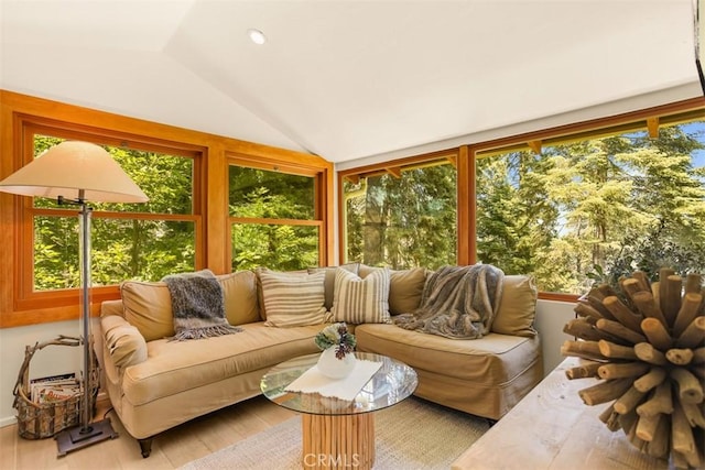 433 Milburn Rd, Lake Arrowhead, CA 92352 - sunroom / solarium with lofted ceiling, wood finished floors, and recessed lighting