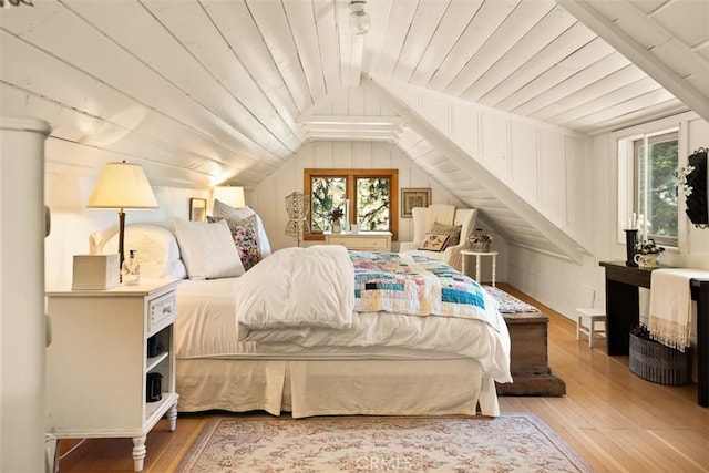433 Milburn Rd, Lake Arrowhead, CA 92352 - bedroom with lofted ceiling, hardwood / wood-style flooring, and wood ceiling
