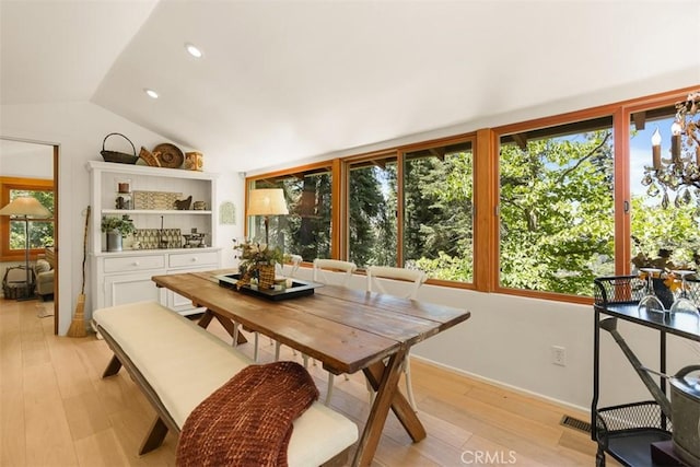 433 Milburn Rd, Lake Arrowhead, CA 92352 - dining space featuring vaulted ceiling, light wood-type flooring, plenty of natural light, and recessed lighting