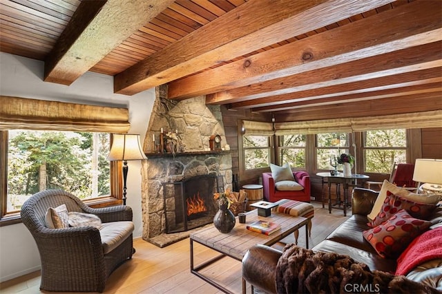 433 Milburn Rd, Lake Arrowhead, CA 92352 - living area featuring a wooden ceiling with exposed beams, healthy amount of natural light, a stone fireplace, and light wood finished floors