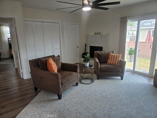 1201 W 186th St, Gardena, CA 90248 - living area with a ceiling fan, wood finished floors, and a high end fireplace