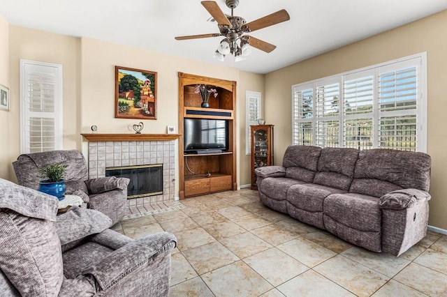 11337 Vista Elevada, San Diego, CA 92131 - living area featuring a ceiling fan and a tile fireplace