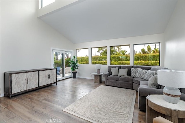125 Park Pl, Pismo Beach, CA 93449 - living area featuring high vaulted ceiling, healthy amount of natural light, and wood finished floors