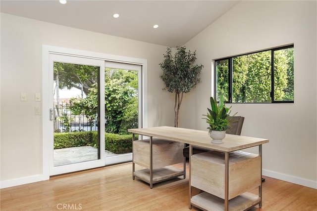 125 Park Pl, Pismo Beach, CA 93449 - dining room featuring recessed lighting, lofted ceiling, and light wood finished floors