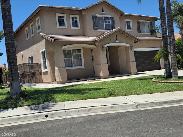 11344 Las Casas Ct, Fontana, CA 92337 - traditional-style house featuring stucco siding, a garage, a tile roof, and a front yard