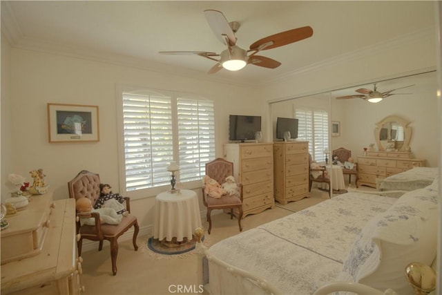 2509 Euclid E, Upland, CA 91784 - bedroom featuring ornamental molding, multiple windows, a closet, and ceiling fan