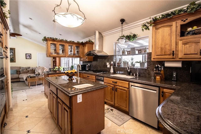 2509 Euclid E, Upland, CA 91784 - kitchen with dishwasher, island range hood, decorative backsplash, brown cabinetry, and crown molding