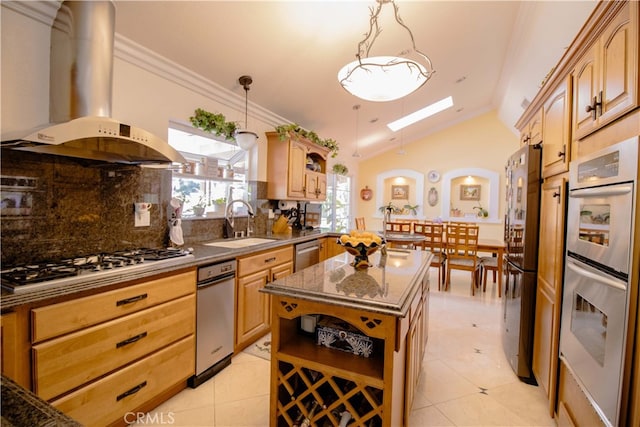 2509 Euclid E, Upland, CA 91784 - kitchen with exhaust hood, appliances with stainless steel finishes, decorative backsplash, a center island, and lofted ceiling