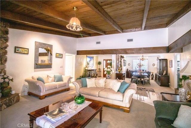 2509 Euclid E, Upland, CA 91784 - living room with a chandelier, a wooden ceiling with exposed beams, and carpet