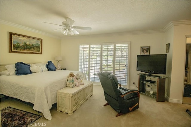 2509 Euclid E, Upland, CA 91784 - bedroom with crown molding, light colored carpet, a ceiling fan, and a textured ceiling