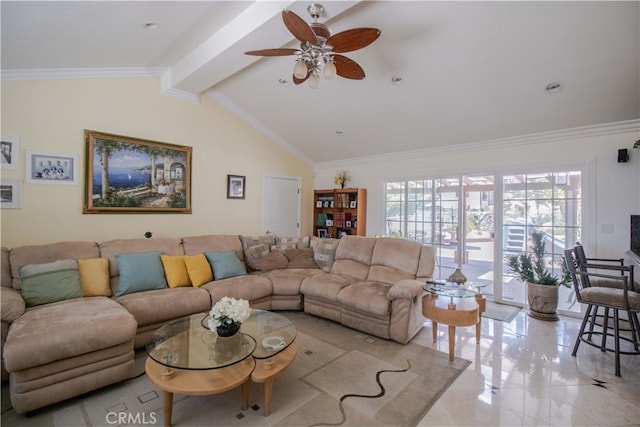2509 Euclid E, Upland, CA 91784 - living area with a ceiling fan, light marble finish floors, and crown molding