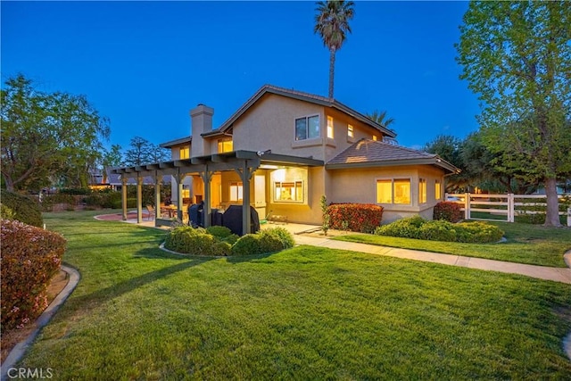 2575 Palomino Dr, Acton, CA 93510 - back of house with stucco siding, a chimney, a patio, and a pergola
