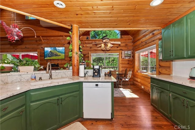 1415 Manzanita Way, Lake Arrowhead, CA 92352 - kitchen featuring white dishwasher, wood ceiling, vaulted ceiling, rustic walls, and dark wood-type flooring