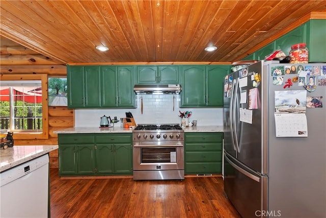 1415 Manzanita Way, Lake Arrowhead, CA 92352 - kitchen featuring appliances with stainless steel finishes, under cabinet range hood, wooden ceiling, green cabinetry, and dark wood-type flooring