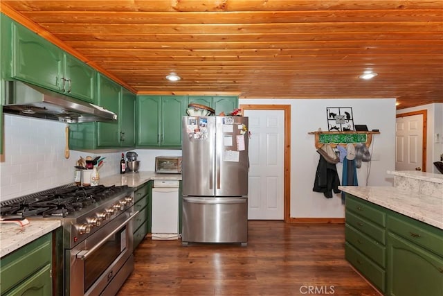 1415 Manzanita Way, Lake Arrowhead, CA 92352 - kitchen with appliances with stainless steel finishes, under cabinet range hood, green cabinetry, wood ceiling, and tasteful backsplash