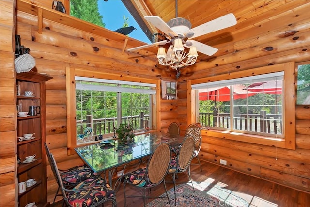 1415 Manzanita Way, Lake Arrowhead, CA 92352 - dining area with hardwood / wood-style flooring, a ceiling fan, and log walls