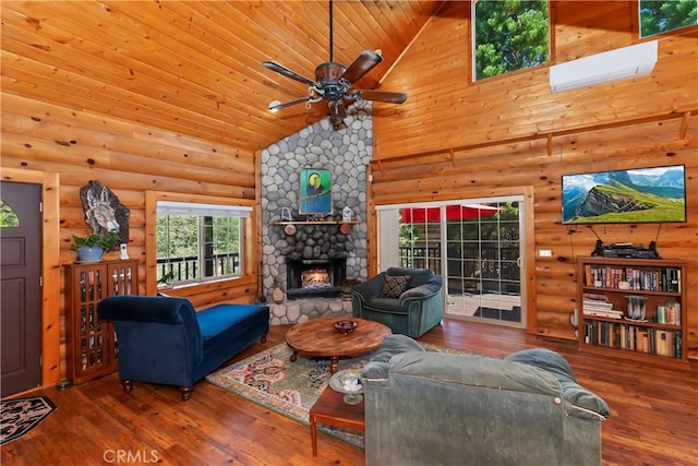 1415 Manzanita Way, Lake Arrowhead, CA 92352 - living room with a ceiling fan, hardwood / wood-style floors, a stone fireplace, high vaulted ceiling, and wooden ceiling