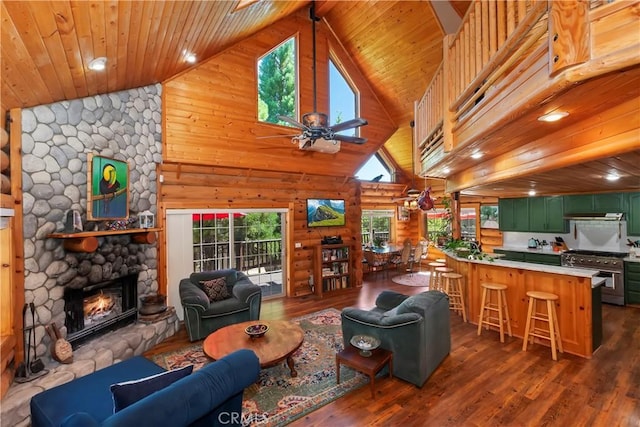 1415 Manzanita Way, Lake Arrowhead, CA 92352 - living room featuring a ceiling fan, high vaulted ceiling, a fireplace, dark wood-type flooring, and wooden ceiling