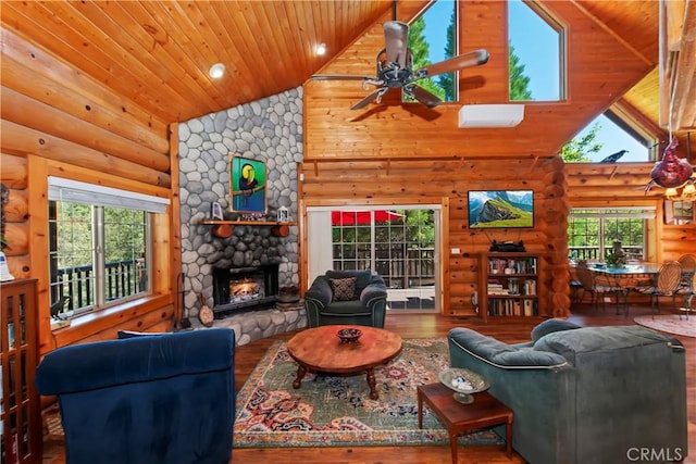 1415 Manzanita Way, Lake Arrowhead, CA 92352 - living area with rustic walls, high vaulted ceiling, wood finished floors, wooden ceiling, and a ceiling fan