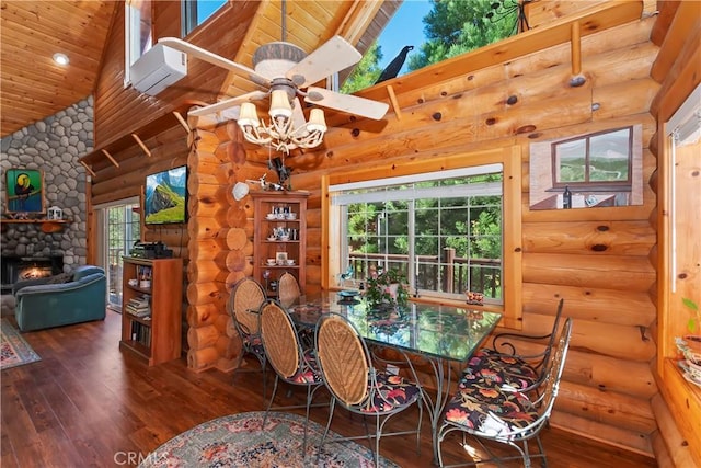 1415 Manzanita Way, Lake Arrowhead, CA 92352 - dining room with wood-type flooring, high vaulted ceiling, an AC wall unit, ceiling fan, and plenty of natural light