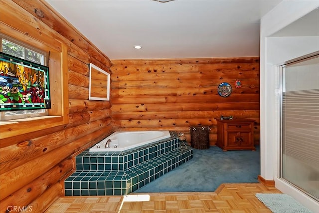 1415 Manzanita Way, Lake Arrowhead, CA 92352 - full bathroom featuring a garden tub, a shower stall, log walls, and recessed lighting