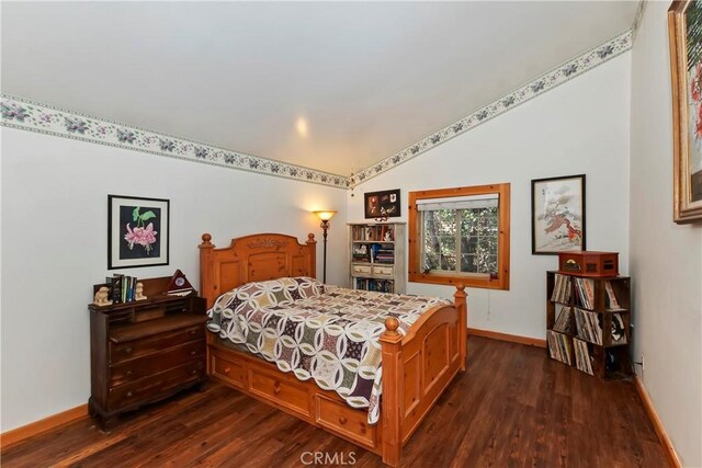 1415 Manzanita Way, Lake Arrowhead, CA 92352 - bedroom with dark wood-style floors and lofted ceiling