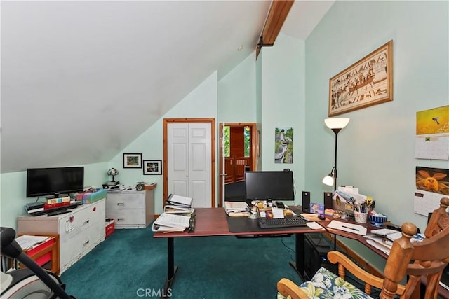 1415 Manzanita Way, Lake Arrowhead, CA 92352 - carpeted office featuring beam ceiling and high vaulted ceiling