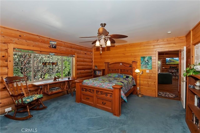 1415 Manzanita Way, Lake Arrowhead, CA 92352 - carpeted bedroom with rustic walls and a ceiling fan