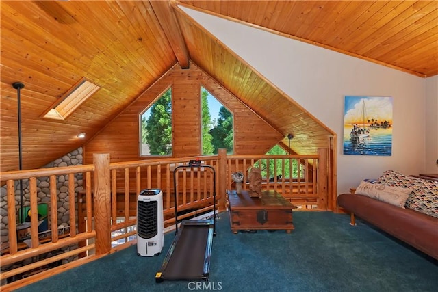 1415 Manzanita Way, Lake Arrowhead, CA 92352 - interior space featuring wood ceiling, a skylight, and carpet flooring