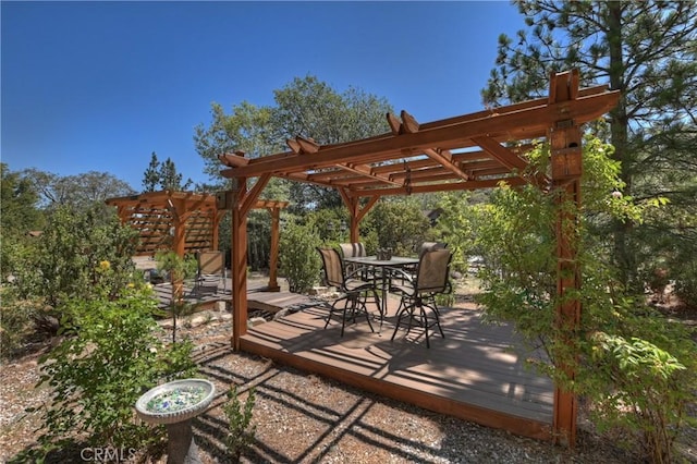 1415 Manzanita Way, Lake Arrowhead, CA 92352 - view of patio with a wooden deck, a pergola, and outdoor dining space