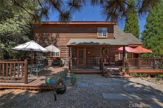 1415 Manzanita Way, Lake Arrowhead, CA 92352 - rear view of property featuring roof with shingles, log exterior, and outdoor dining space