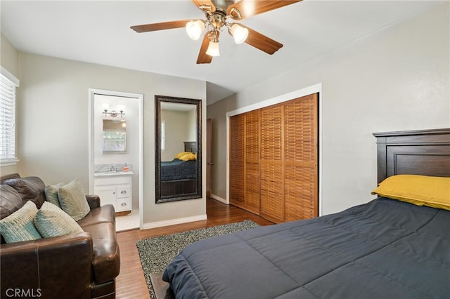 4220 Monticello Ave, Riverside, CA 92503 - bedroom with wood finished floors, a closet, ensuite bathroom, and ceiling fan