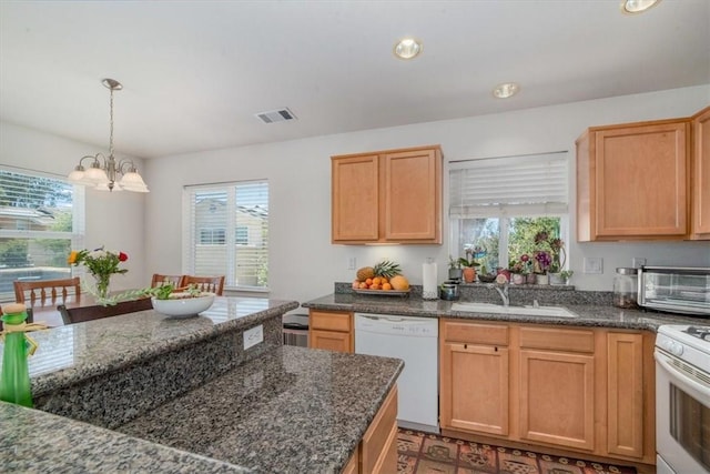 177 Jerome Ct, Nipomo, CA 93444 - kitchen with white appliances, plenty of natural light, a chandelier, and recessed lighting