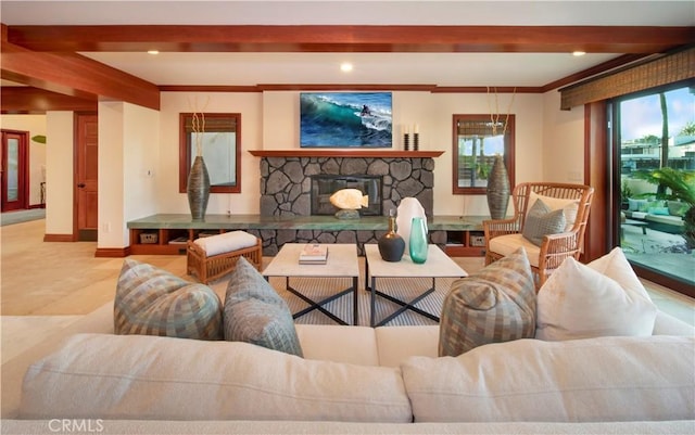 3908 Channel Pl, Newport Beach, CA 92663 - living area featuring beamed ceiling, crown molding, a stone fireplace, and recessed lighting