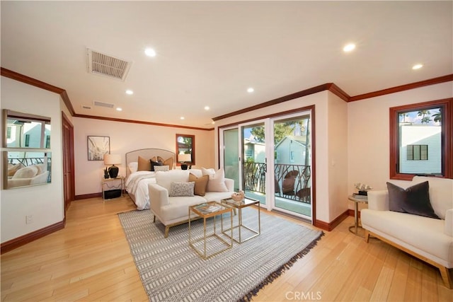 3908 Channel Pl, Newport Beach, CA 92663 - bedroom featuring access to exterior, light wood-style floors, ornamental molding, and recessed lighting