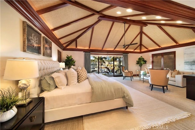 3908 Channel Pl, Newport Beach, CA 92663 - bedroom with carpet floors, high vaulted ceiling, beam ceiling, and recessed lighting