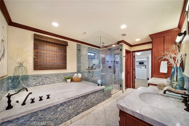 3908 Channel Pl, Newport Beach, CA 92663 - full bath featuring a shower stall, vanity, a bath, crown molding, and recessed lighting