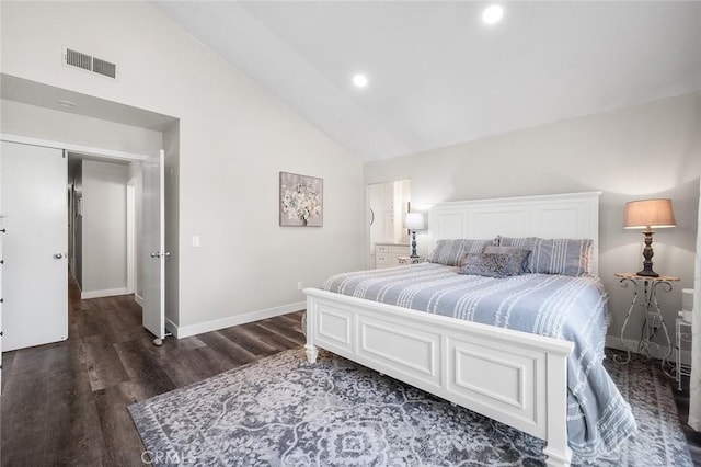 1092 Deborah St, Upland, CA 91784 - bedroom with dark wood-type flooring, high vaulted ceiling, and recessed lighting
