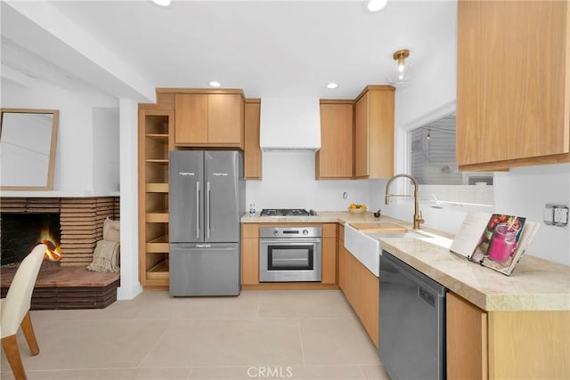 313 14th St, Seal Beach, CA 90740 - kitchen with stainless steel appliances, light countertops, recessed lighting, light tile patterned flooring, and custom range hood