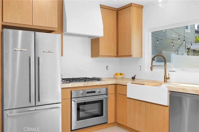313 14th St, Seal Beach, CA 90740 - kitchen with appliances with stainless steel finishes, custom range hood, and light countertops