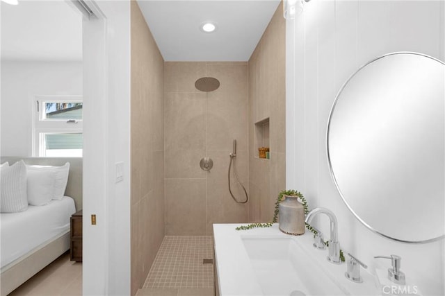 313 14th St, Seal Beach, CA 90740 - bathroom featuring tiled shower, vanity, tile patterned flooring, and recessed lighting