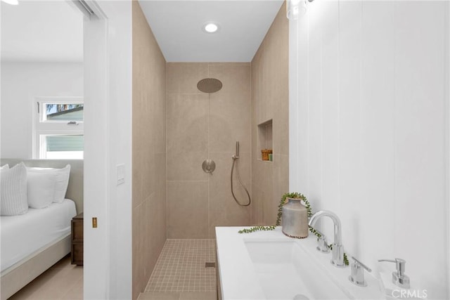 313 14th St, Seal Beach, CA 90740 - bathroom featuring a tile shower, tile patterned flooring, and recessed lighting