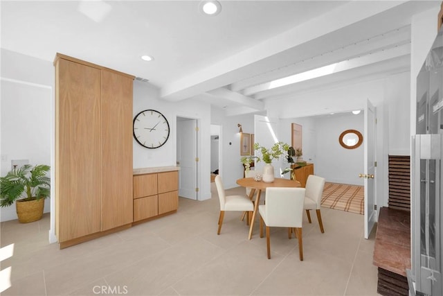 313 14th St, Seal Beach, CA 90740 - dining room with recessed lighting, light tile patterned flooring, stairway, and beam ceiling