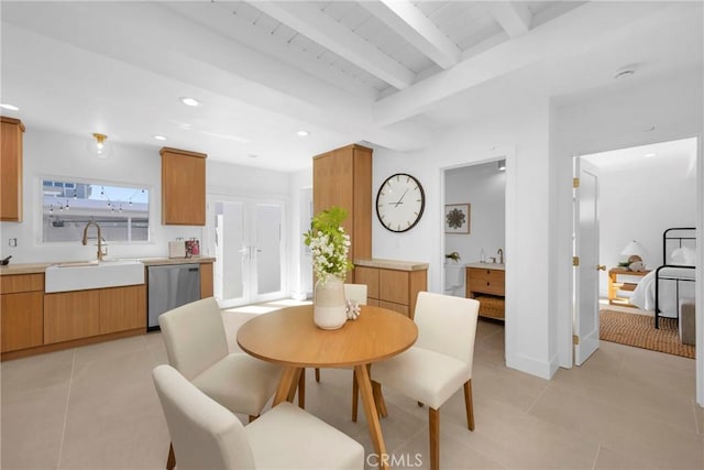 313 14th St, Seal Beach, CA 90740 - dining space featuring beam ceiling, light tile patterned floors, and recessed lighting