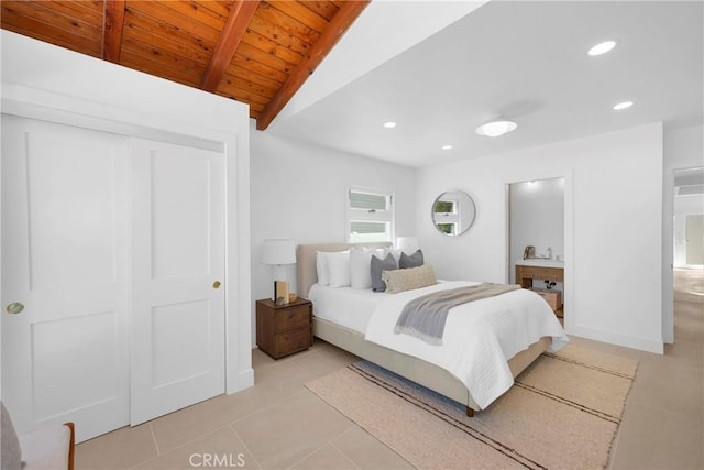 313 14th St, Seal Beach, CA 90740 - bedroom featuring light tile patterned flooring, recessed lighting, a wooden ceiling with exposed beams, and a closet