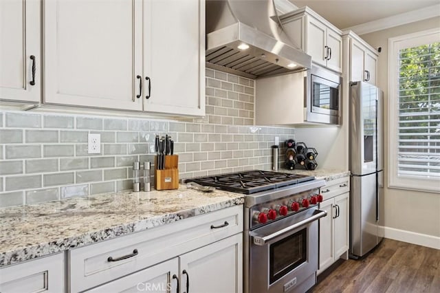 3032 Cortuna Dr, San Luis Obispo, CA 93401 - kitchen featuring wall chimney exhaust hood, stainless steel appliances, dark wood-style floors, ornamental molding, and backsplash